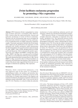 Zwint Facilitates Melanoma Progression by Promoting C‑Myc Expression