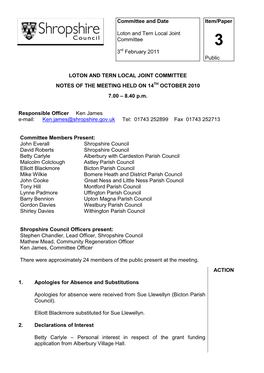 NOTES of the MEETING HELD on 14TH OCTOBER 2010 7.00 – 8.40 P.M