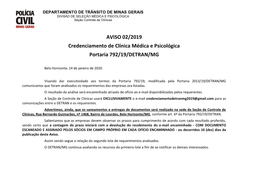 AVISO 02/2019 Credenciamento De Clínica Médica E Psicológica Portaria 792/19/DETRAN/MG