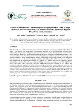 Genetic Variability and Out-Crossing Rate in Open Pollinated Duku