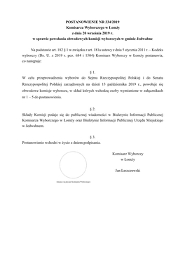 POSTANOWIENIE NR 334/2019 Komisarza Wyborczego W Łomży Z Dnia 20 Września 2019 R