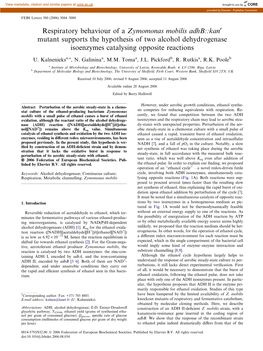 Respiratory Behaviour of a Zymomonas Mobilis Adhb::Kan Mutant Supports the Hypothesis of Two Alcohol Dehydrogenase Isoenzymes Ca