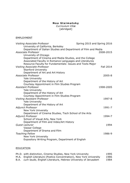 Noa Steimatsky Curriculum Vitæ [Abridged] EMPLOYMENT Visiting