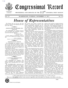 Congressional Record United States Th of America PROCEEDINGS and DEBATES of the 112 CONGRESS, FIRST SESSION