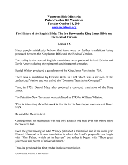 Wenstrom Bible Ministries Pastor-Teacher Bill Wenstrom Tuesday October 14, 2014