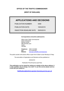 Applications and Decisions: West of England: 18 April 2019