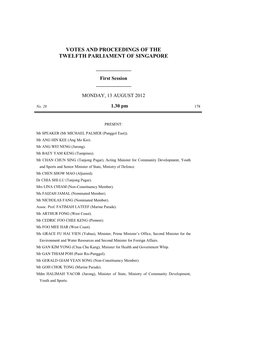 Votes and Proceedings of the Twelfth Parliament of Singapore