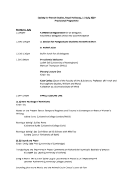 Society for French Studies, Royal Holloway, 1-3 July 2019 Provisional Programme