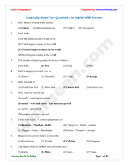 Geography Model Test Questions 3 in English with Answers 1