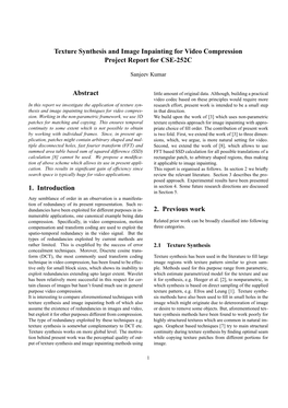 Texture Synthesis and Image Inpainting for Video Compression Project Report for CSE-252C