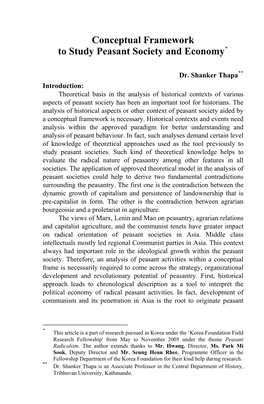 Conceptual Framework to Study Peasant Society and Economy*