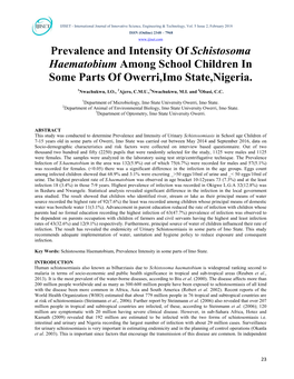 Prevalence and Intensity of Schistosoma Haematobium Among School Children in Some Parts of Owerri,Imo State,Nigeria