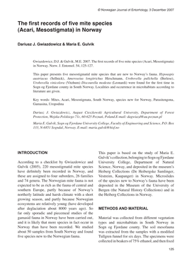 The First Records of Five Mite Species (Acari, Mesostigmata) in Norway