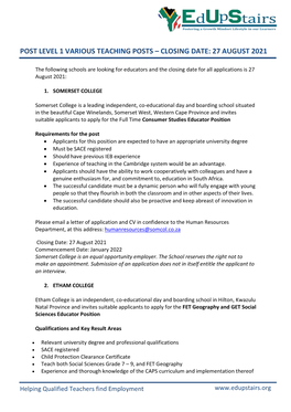 Post Level 1 Various Teaching Posts – Closing Date: 27 August 2021