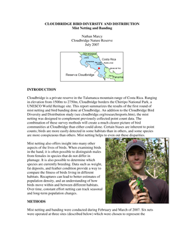 CLOUDBRIDGE BIRD DIVERSITY and DISTRIBUTION Mist Netting and Banding