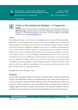 Culture of Mayurbhanj and Medinipur : a Comparative Study, the Researchers – March 2020, 6(1):01-15