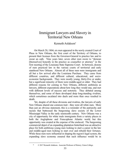 Immigrant Lawyers and Slavery in Territorial New Orleans