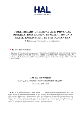 PRELIMINARY CHEMICAL and PHYSICAL OBSERVATIONS DURING SUMMER 1980 on a SILLED EMBAYMENT in the IONIAN SEA N Friligos, a Theocharis, D Georgopoulos