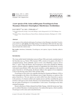 Zootaxa 388: 1–8 (2003) ISSN 1175-5326 (Print Edition) ZOOTAXA 388 Copyright © 2003 Magnolia Press ISSN 1175-5334 (Online Edition)