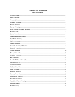 Canadian GPA Equivalencies Table of Contents