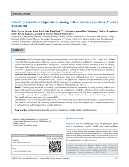 Suicide Prevention Competencies Among Urban Indian Physicians: a Needs Assessment