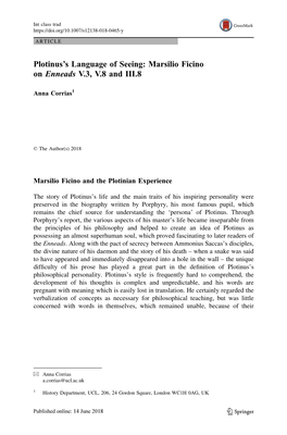 Plotinus's Language of Seeing: Marsilio Ficino on Enneads V.3, V.8