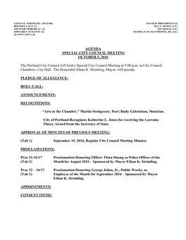 AGENDA SPECIAL CITY COUNCIL MEETING OCTOBER 5, 2016 the Portland City Council Will Hold a Special City Council Meeting at 5:00 P