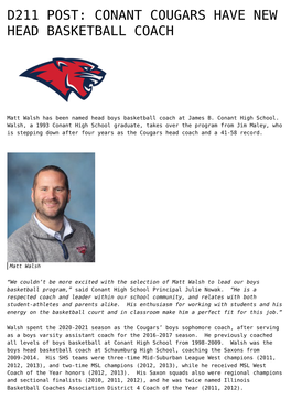 Conant Cougars Have New Head Basketball Coach,Saxons