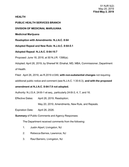 51 NJR 5(2) May 20, 2019 Filed May 2, 2019 HEALTH PUBLIC HEALTH SERVICES BRANCH DIVISION of MEDICINAL MARIJUANA Medicinal Mariju