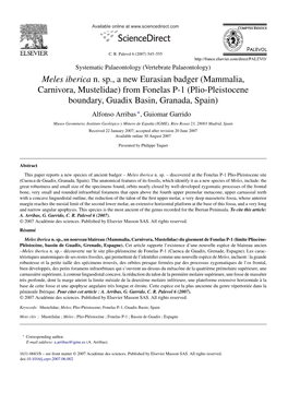 Meles Iberica N. Sp., a New Eurasian Badger (Mammalia, Carnivora, Mustelidae) from Fonelas P-1 (Plio-Pleistocene Boundary, Guadi