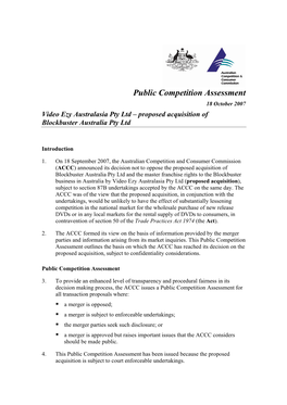 Public Competition Assessment 18 October 2007 Video Ezy Australasia Pty Ltd – Proposed Acquisition of Blockbuster Australia Pty Ltd