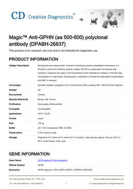 Magic™ Anti-GPHN (Aa 500-600) Polyclonal Antibody (DPABH-26837) This Product Is for Research Use Only and Is Not Intended for Diagnostic Use