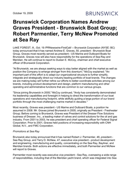 Brunswick Corporation Names Andrew Graves President - Brunswick Boat Group; Robert Parmentier, Terry Mcnew Promoted at Sea Ray