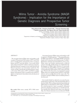 Wilms Tumor - Aniridia Syndrome (WAGR Syndrome) - Implication for the Importance of Genetic Diagnosis and Prospective Tumor Screening