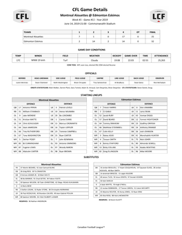 CFL Game Details Montreal Alouettes @ Edmonton Eskimos Week #1 - Game #11 - Year 2019 June 14, 2019-21:00 - Commonwealth Stadium
