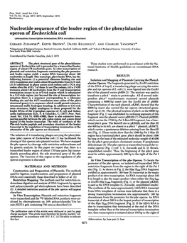 Nucleotide Sequence of the Leader Region of the Phenylalanine Operon of Escherichia Coli