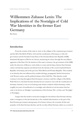 Implications of the Nostalgia of Cold War Identities in the Former East Germany Ben Stone