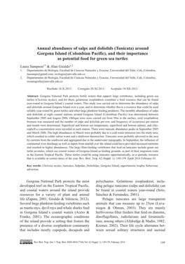 Annual Abundance of Salps and Doliolids (Tunicata) Around Gorgona Island (Colombian Pacific), and Their Importance As Potential Food for Green Sea Turtles