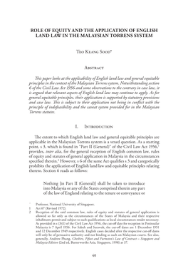 Role of Equity and the Application of English Land Law in the Malaysian Torrens System