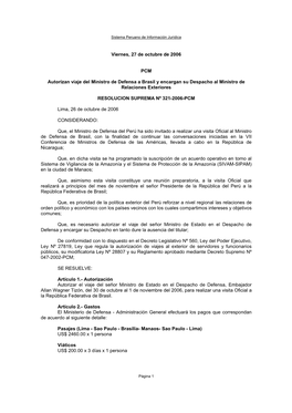 Viernes, 27 De Octubre De 2006 PCM Autorizan Viaje Del Ministro De