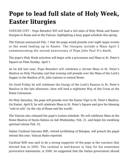 Pope to Lead Full Slate of Holy Week, Easter Liturgies