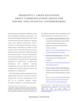 Frequently Asked Questions About Communications Issues for Issuers and Financial Intermediaries