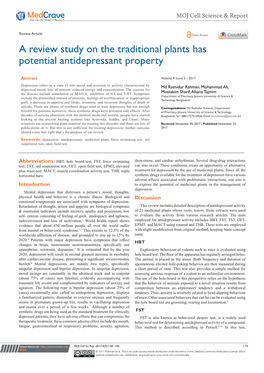 A Review Study on the Traditional Plants Has Potential Antidepressant Property