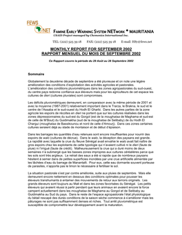 FAMINE EARLY WARNING SYSTEM NETWORK MAURITANIA USAID Project Managed by Chemonics International Inc