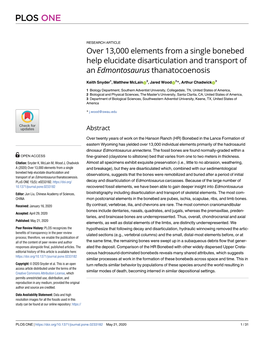 Over 13,000 Elements from a Single Bonebed Help Elucidate Disarticulation and Transport of an Edmontosaurus Thanatocoenosis