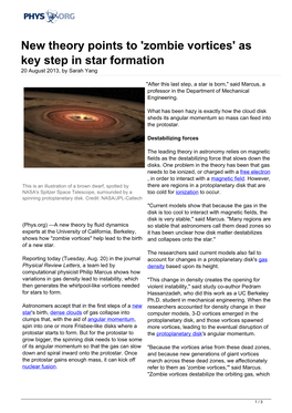 New Theory Points to 'Zombie Vortices' As Key Step in Star Formation 20 August 2013, by Sarah Yang