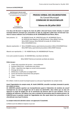 PROCES-VERBAL DES DELIBERATIONS Du Conseil Municipal COMMUNE DE BALSCHWILLER