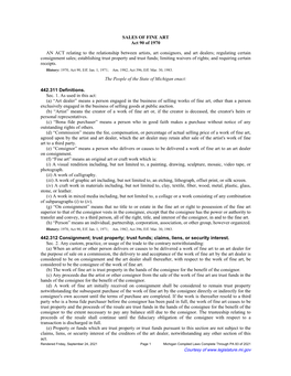 SALES of FINE ART Act 90 of 1970 an ACT Relating to the Relationship Between Artists, Art Consignors, and Art Dealers