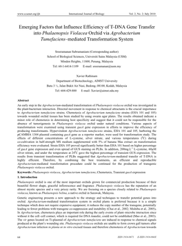 Emerging Factors That Influence Efficiency of T-DNA Gene Transfer Into Phalaenopsis Violacea Orchid Via Agrobacterium Tumefaciens–Mediated Transformation System