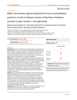 Vaccination Against Hepatitis B Virus in Hemodialysis Patients: Trends in Dialysis Centers of Northern Pakistan [Version 2; Peer Review: 1 Not Approved]